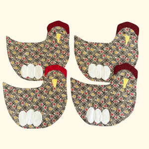 Four Handmade Cotton Quilted Black Red White Chicken & Eggs Placemat Vintage
